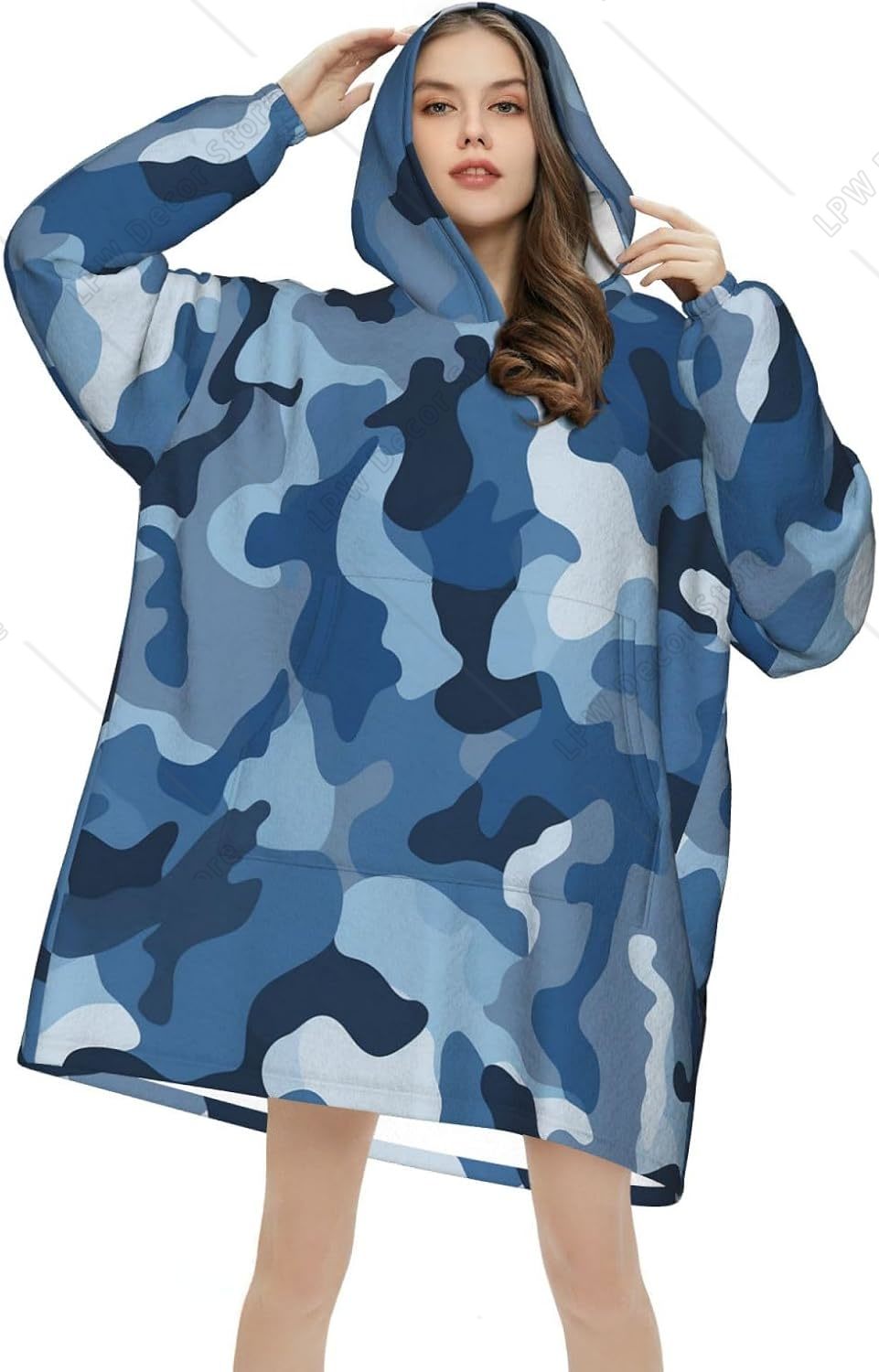 Sherpa Hoodie Fleece - Hoodie Selimut Kamuflase Biru Klasik, Sweatshirt